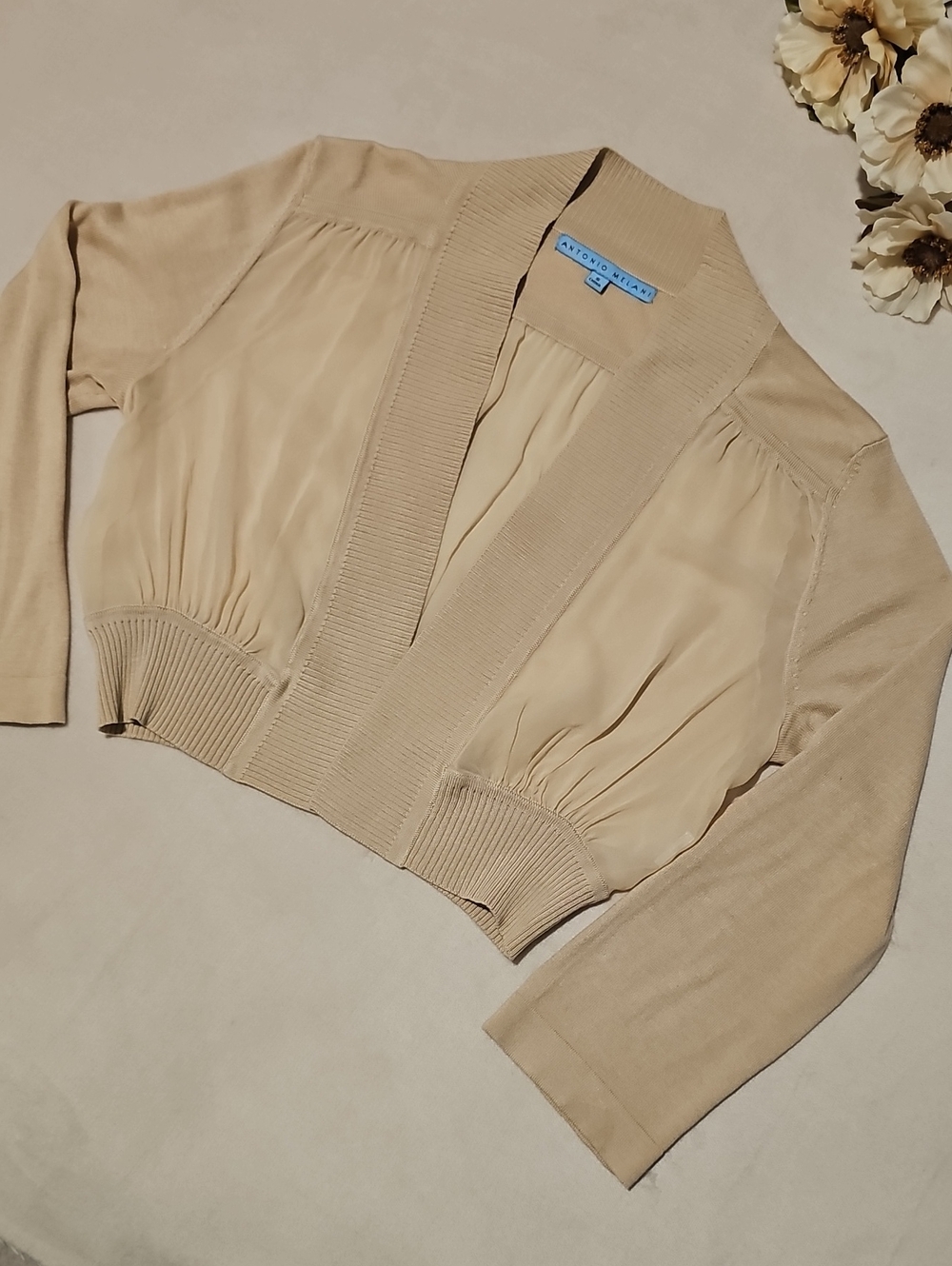 Antonio Melani Beige Chiffon Cropped Bolero Shrug Cardigan w/ Ribbed Trim & Hem - Picture 3 of 7